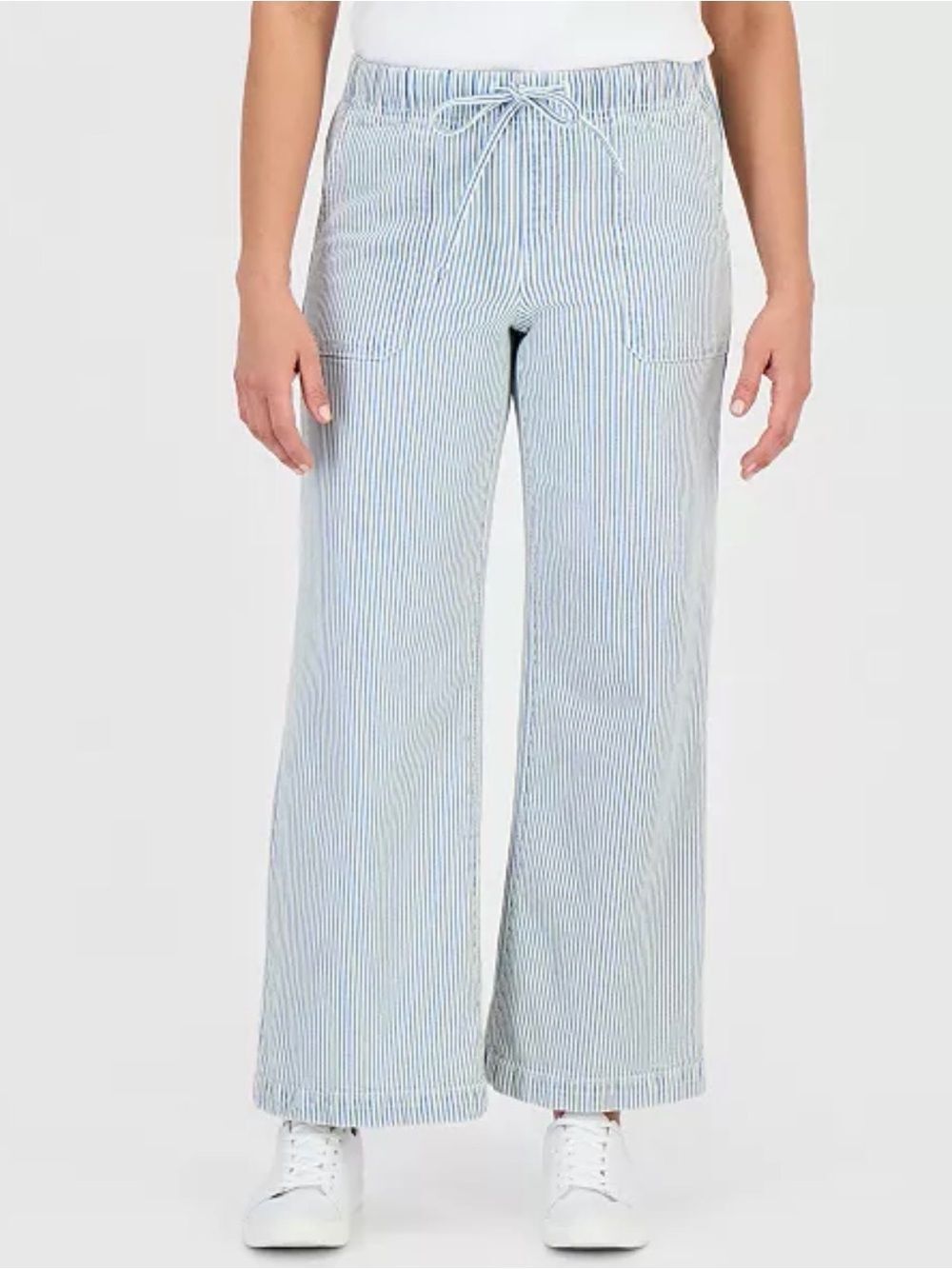 117- Style & Co Blue White Engineer-Stripe Pull-On Wide-Leg Jeans Size Medium